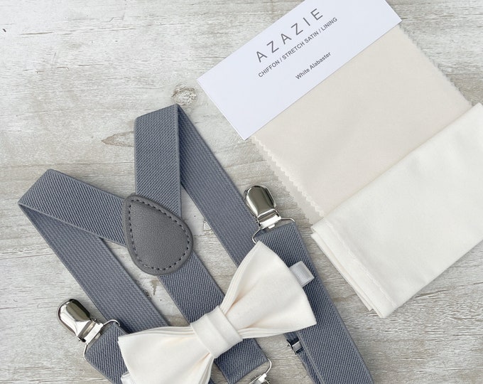 White Alabaster Ecru Bow Tie & Gray Suspenders , Men's pocket square , Boy's Ring Bearer gift , Groomsmen Wedding outfit
