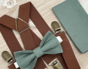 Eucalyptus Bow Tie & Brown x - back Suspenders , Men's pocket square , Boy's Ring Bearer gift , Groomsmen Wedding outfit