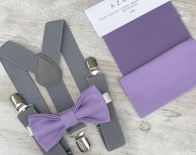 Tahiti Lilac Bow Tie & Gray Suspenders , Men's pocket square , Boy's Ring Bearer gift , Groomsmen Gift , Wedding Groom outfit , Toddler set