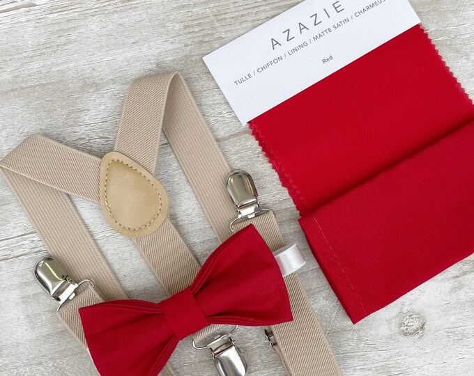 Apple Red Bow Tie & Champagne Tan Suspenders , Khaki Braces , Men's pocket square , Boy's Ring Bearer gift , Groomsmen Wedding outfit
