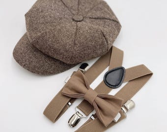 Newsboy Cap, Gatsby Flat Cap, Taupe Suspenders & Bow Tie – Baby to Adult Sizes, Ring Bearer or Cake Smash Outfit, Groomsman Wedding Set