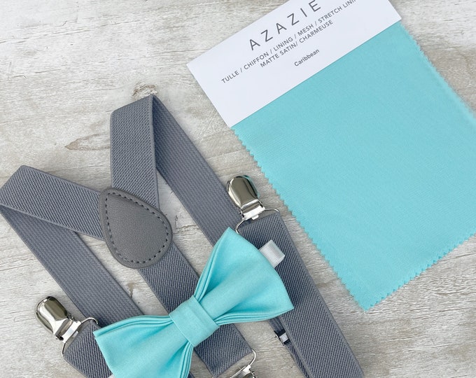Caribbean Blue Bow Tie & Gray Suspenders , Men's Groom Braces  Boy's Ring Bearer gift , Groomsmen Wedding outfit