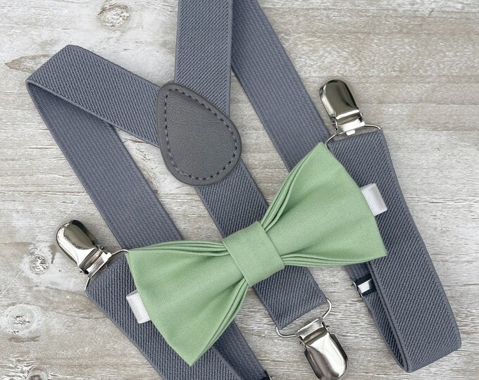 Sage Bow Tie & Gray Suspenders , Men's pocket square , Boy's Ring Bearer gift , Toddler Bow ties , Groomsmen Gift , Wedding Groom outfit