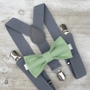 Sage Bow Tie & Gray Suspenders , Men&#39;s pocket square , Boy&#39;s Ring Bearer gift , Toddler Bow ties , Groomsmen Gift , Wedding Groom outfit