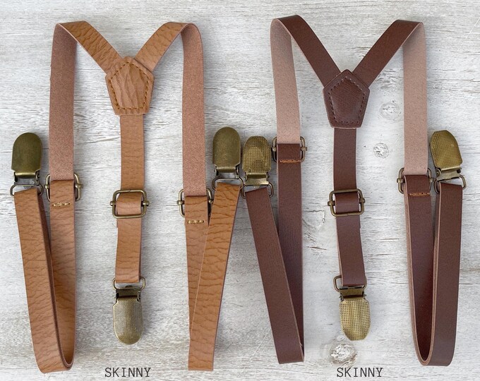 Leather Suspenders , Groomsmen Skinny Vegan Leather Suspenders , Men's Rustic Brown suspenders , Rustic Boys Ring bearer , Wedding Outfit