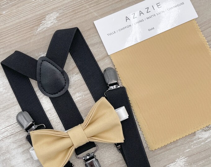 Gold Bow Tie & Black Suspenders , Men's pocket square , Boy's Ring Bearer gift , Groomsmen Wedding outfit , Cake Smash set , Newborn Bowtie