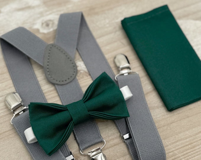 Pine Bow tie & Suspenders | Gray Braces | Gem Bow | Pocket Square | Ring Bearer Outfit | Boho Rustic Wedding