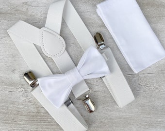 White Bow Tie & Suspenders – Ring Bearer and Groomsman Outfit, Rustic Wedding, Baptism Christening Set, Pocket Square, Baby to Adult Sizes