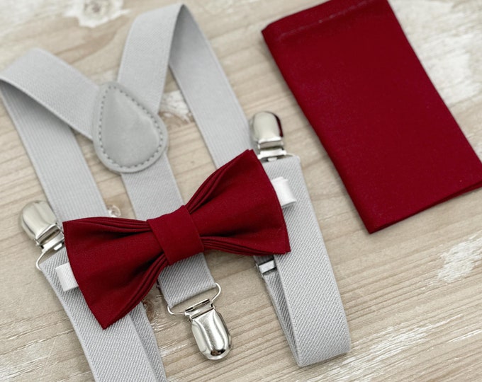 Burgundy Bow tie & Suspenders | Light Gray Braces | Pocket Square | Ring Bearer Outfit | Boho Rustic Wedding