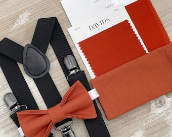 Paprika Bow Tie & Black Suspenders , Sienna Bow , Men's pocket square , Boy's Ring Bearer gift , Groomsmen Wedding outfit