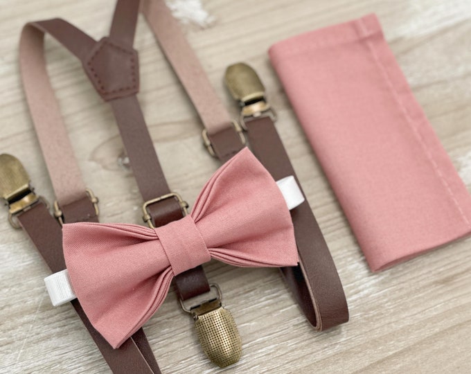 Champagne Rose Bow tie & Suspenders | Skinny Leather Braces | Pocket Square | Ring Bearer Outfit | Boho Rustic Wedding