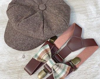 Boy's & Men's Flat hat , Applejack Newsboy cap , Sage Linen Bow Tie , Groomsmen Leather Brown Suspenders , Wedding Ring bearer outfit