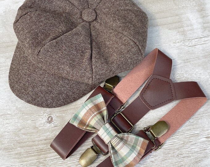 Boy's & Men's Flat hat , Applejack Newsboy cap , Sage Linen Bow Tie , Groomsmen Leather Brown Suspenders , Wedding Ring bearer outfit