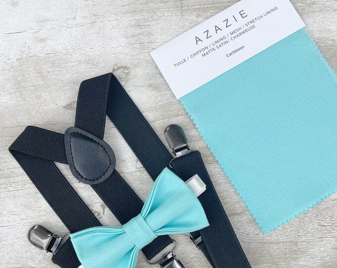 Caribbean Blue Bow Tie & Black Suspenders , Men's pocket square , Braces Boy's Ring Bearer gift , Groomsmen Wedding outfit