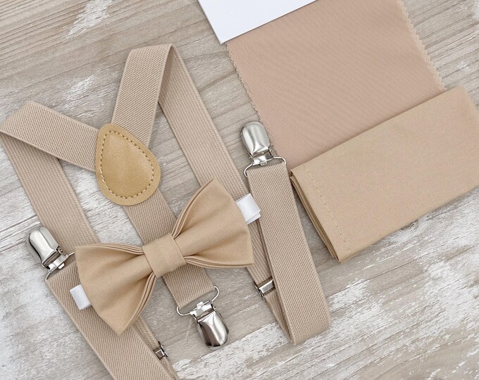 Nude Bow tie & Suspenders, Champagne Tan Braces, Pocket Square, Ring Bearer Outfit, Boho Rustic Wedding, Groomsman Gift, Barn Wedding Set