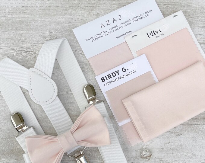 Blushing Pink Bow Tie & White Suspenders , Men's pocket square , Boy's Ring Bearer gift , Groomsmen Wedding outfit