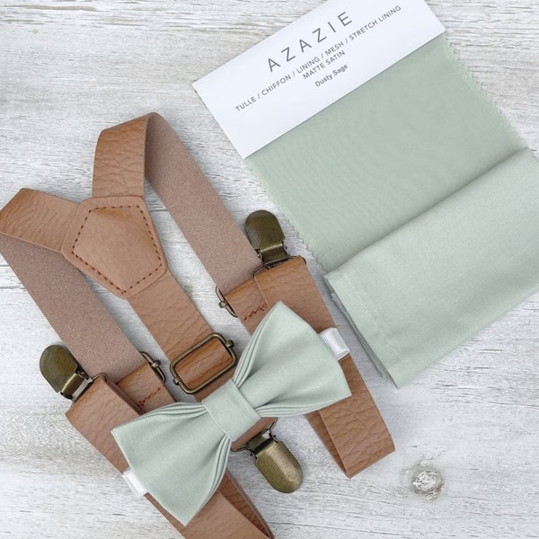 Dusty Sage Bow Tie & Leather Suspenders , Light brown Braces , Men's pocket square , Boy's Ring Bearer gift , Groomsmen Wedding outfit