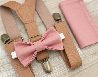 Champagne Rose Bow tie & Suspenders | Leather Light Brown Braces | Pocket Square | Ring Bearer Outfit | Boho Rustic Wedding