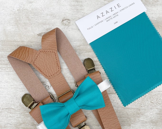Jade Bow Tie & Leather Suspenders , Light Brown braces , Men's pocket square , Boy's Ring Bearer gift , Groomsmen Wedding outfit