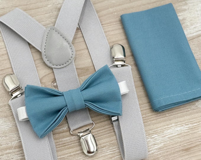 Bermuda Bow tie & Suspenders | Light Gray Braces | Slate Blue Bow | Pocket Square | Ring Bearer Outfit | Boho Rustic Wedding