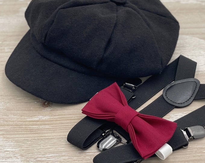 Newsboy Cap, Black Suspenders, Burgundy Bow Tie, Ring Bearer Outfit, Cake Smash Outfit, Page Boy Cap, Wedding Set, Applejack Hat