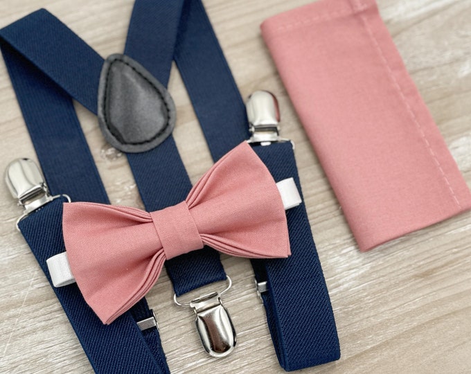 Champagne Rose Bow tie & Suspenders | Navy Blue Braces | Pocket Square | Ring Bearer Outfit | Boho Rustic Wedding