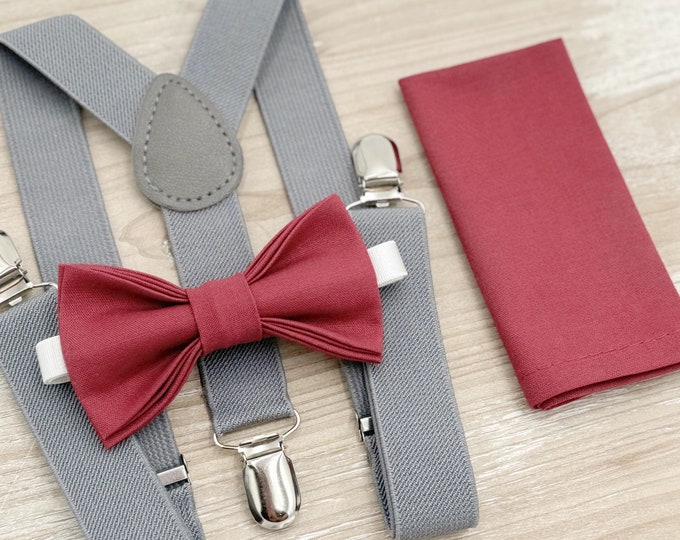Rosewood Bow tie & Suspenders | Gray Braces | Desert Rose Bow Tie | Pocket Square | Ring Bearer Outfit | Boho Rustic Wedding