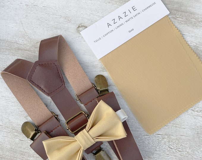 Gold Bow Tie & Leather Suspenders , Men's pocket square , Brown Braces , Boy's Ring Bearer gift , Groomsmen Wedding outfit