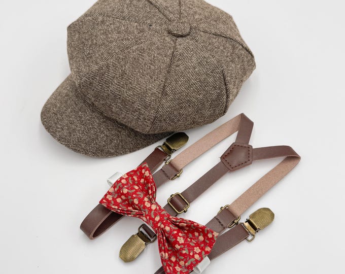 Newsboy Cap Outfit, Baby to Adult - Ring Bearer & Groomsman Wedding Set, Floral  Bow Tie and Skinny Leather Suspenders, Gatsby Flat Cap