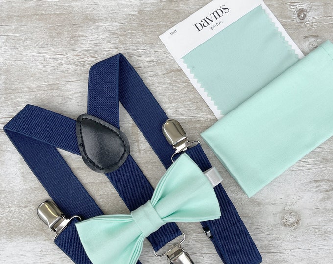 Mint Bow Tie & Navy Blue Suspenders , Men's pocket square , Boy's Ring Bearer gift , Groomsmen Wedding outfit , Cake Smash set