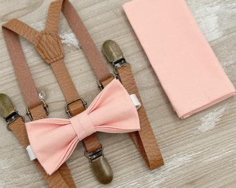 Bellini Bow Tie and Suspenders – All Sizes for Men and Boys, Skinny Leather Braces, Pocket Square, Boho Rustic Wedding, Ring Bearer Set