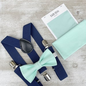 Mint Bow Tie & Navy Blue Suspenders , Men&#39;s pocket square , Boy&#39;s Ring Bearer gift , Groomsmen Wedding outfit , Cake Smash set