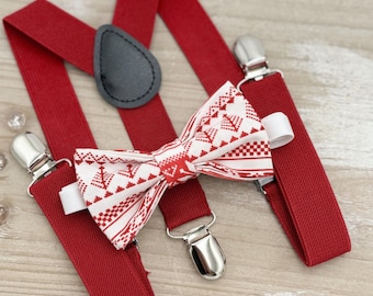 Nordic Red Bow Tie & Suspenders Set - Winter  Scandinavian Outfit, Christmas Holiday Set, All Sizes Baby to Adult