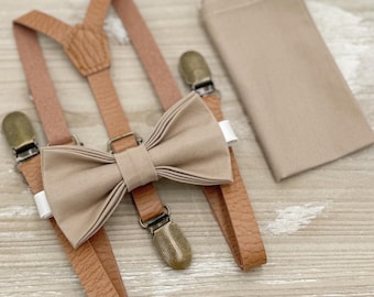 Taupe Bow Tie & Skinny Leather Suspenders – Ring Bearer and Groomsman Outfit, Rustic Wedding, Pocket Square, Toddler to Adult Sizes