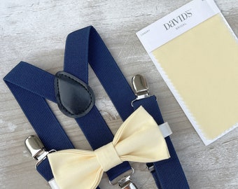 Buttercup Yellow Bow Tie & Navy Blue Suspenders , Canary Bow tie , Men's pocket square , Boy's Ring Bearer gift , Groomsmen Wedding outfit