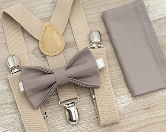 Hazelnut Bow Tie & Champagne Suspenders Set - Ring Bearer Groomsman Outfit, Rustic Wedding, Toffee Pocket Square, All Sizes Baby to Adult