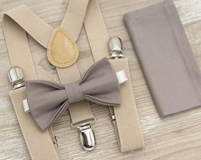 Toffee Bow tie & Suspenders, Champagne Tan Braces, Hazelnut Bow, Portobello Bowtie | Pocket Square, Ring Bearer Outfit, Boho Wedding