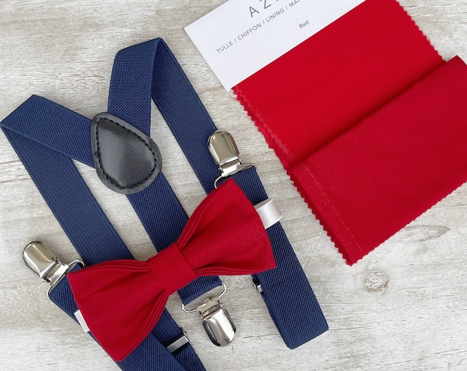 Apple Red Bow Tie & Navy Blue Suspenders , Men's pocket square , Ring Bearer Boy's outfit , Groomsmen Wedding outfit