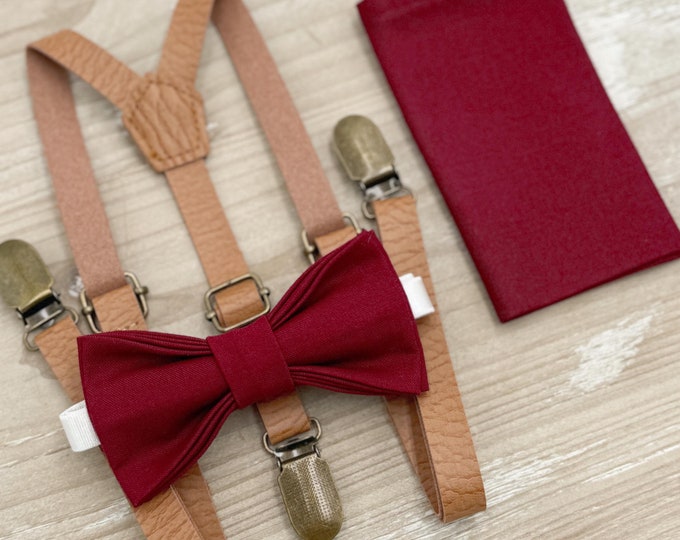 Burgundy Bow tie & Suspenders | Leather Skinny Light Brown Braces | Pocket Square | Ring Bearer Outfit | Boho Rustic Wedding