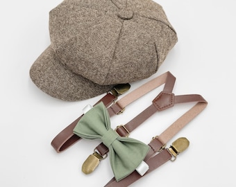 Newsboy Cap Outfit, Baby to Adult - Ring Bearer & Groomsman Wedding Set, Moss Green Bow Tie and Skinny Leather Suspenders, Gatsby Flat Cap