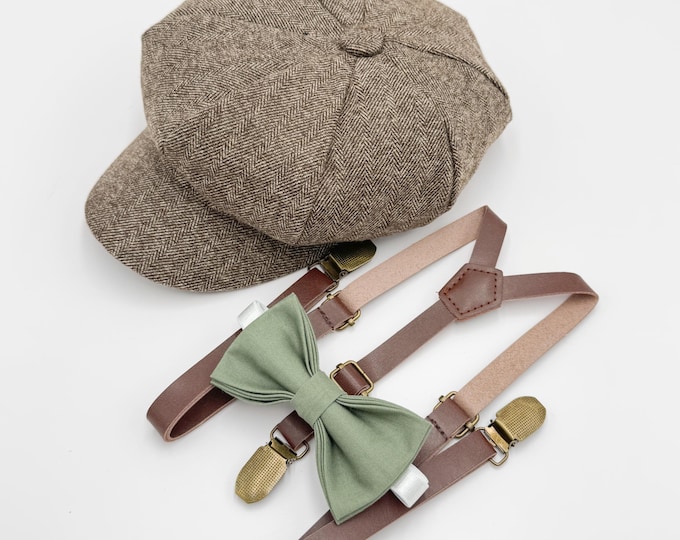 Newsboy Cap Outfit, Baby to Adult - Ring Bearer & Groomsman Wedding Set, Moss Green Bow Tie and Skinny Leather Suspenders, Gatsby Flat Cap