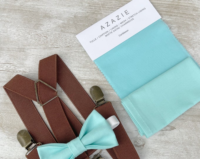 Aqua Blue Bow Tie & Brown Suspenders , x - back braces , Men's pocket square ,  Boy's Ring Bearer gift , Groomsmen Wedding outfit