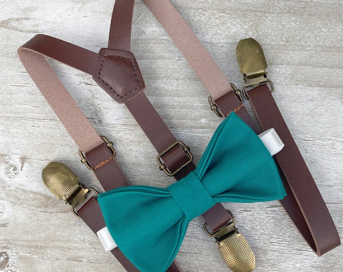 Teal Bow Tie & Skinny Brown Leather Suspenders , Men's bow tie , Boy's Ring Bearer gift , Groomsmen outfit  , Wedding Groom set