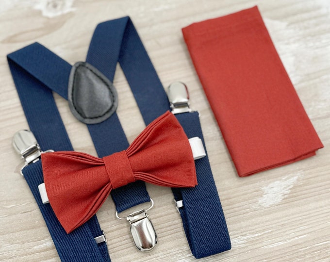 Terracotta Bow tie & Suspenders | Navy Blue Braces | Cinnamon Bowtie | Pocket Square | Ring Bearer Outfit | Boho Rustic Wedding
