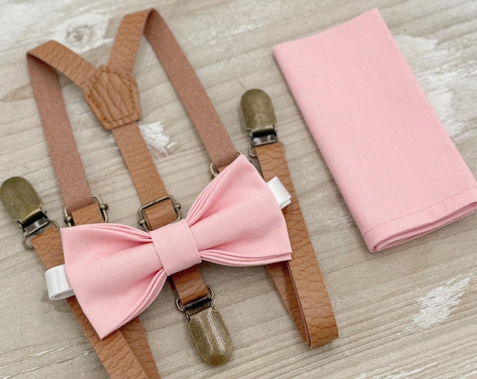 Ballet Bow tie & Suspenders | Skinny Leather Light Brown Braces | Rosette Dusty Rose Bow | Pocket Square | Ring Bearer Outfit | Boho Wedding