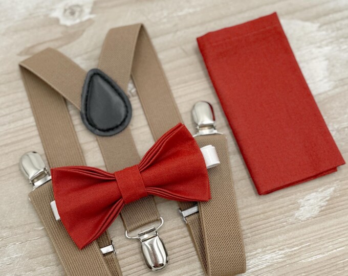Terracotta Bow tie & Suspenders | Taupe Braces | Cinnamon Bowtie | Pocket Square | Ring Bearer Outfit | Boho Rustic Wedding