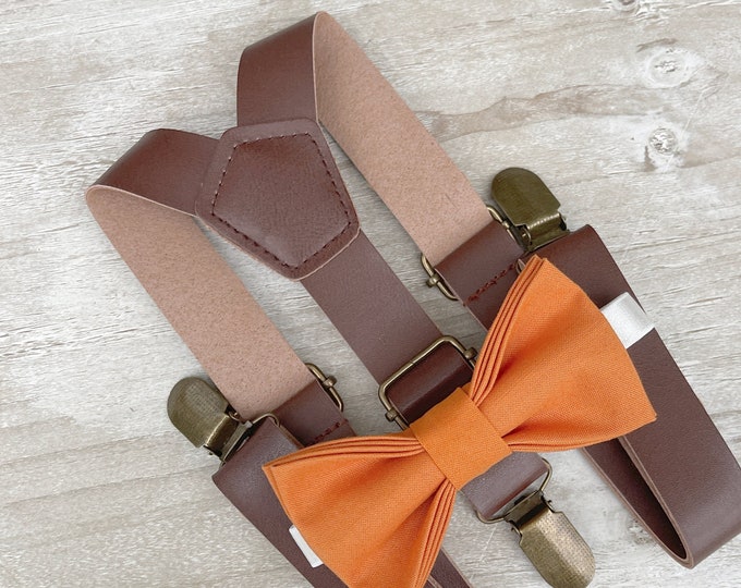 Burnt Orange Bow Tie & Leather Brown Suspenders , Men's bow tie set , Boy's Ring Bearer gift , Groomsmen Wedding outfit , Cake Smash set