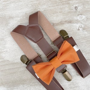 Burnt Orange Bow Tie & Leather Brown Suspenders , Men&#39;s bow tie set , Boy&#39;s Ring Bearer gift , Groomsmen Wedding outfit , Cake Smash set