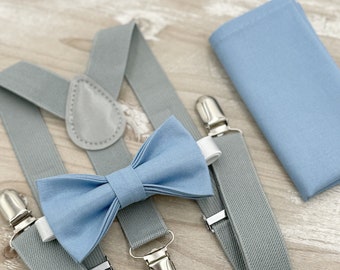 Stahlblaue Fliege und Hosenträger, Einstecktuch für Herren, staubgraue Hosenträger, Ringträgergeschenk für Jungen, Hochzeitsoutfit für Trauzeugen