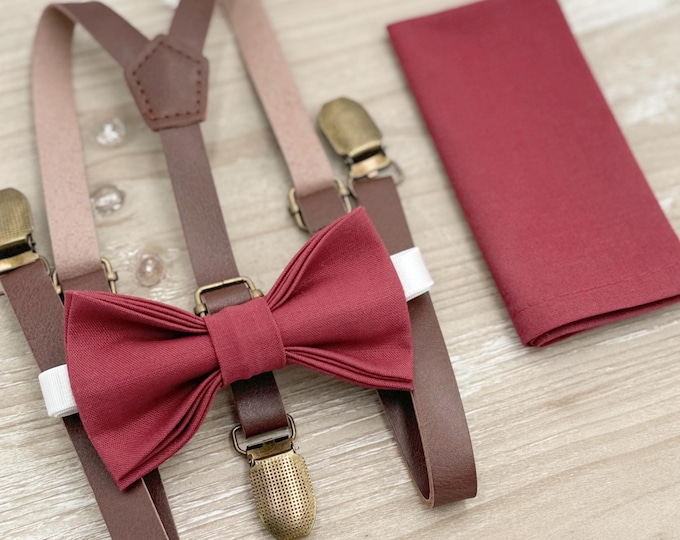 Rosewood Bow tie & Suspenders | Skinny Leather Braces | Desert Rose Bow | Pocket Square | Ring Bearer Outfit | Boho Rustic Wedding